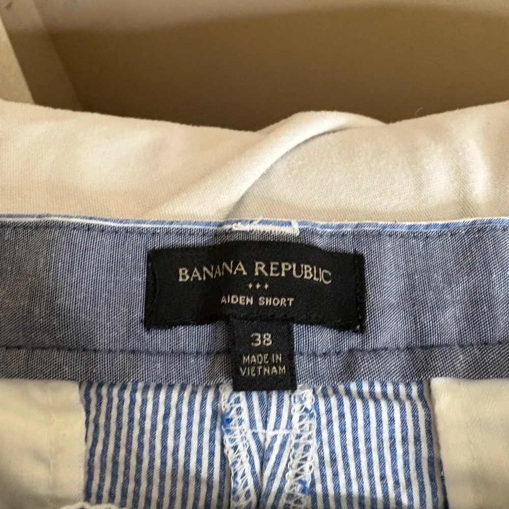 Banana Republic Men's Aiden Seersucker Shorts 32 Blue White Striped Flat Front - Picture 3 of 3